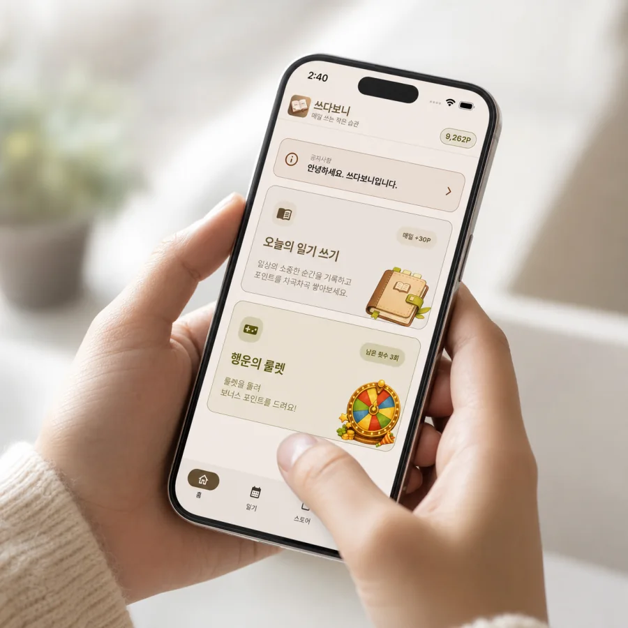 쓰다보니 일기 리워드 앱 사용 장면